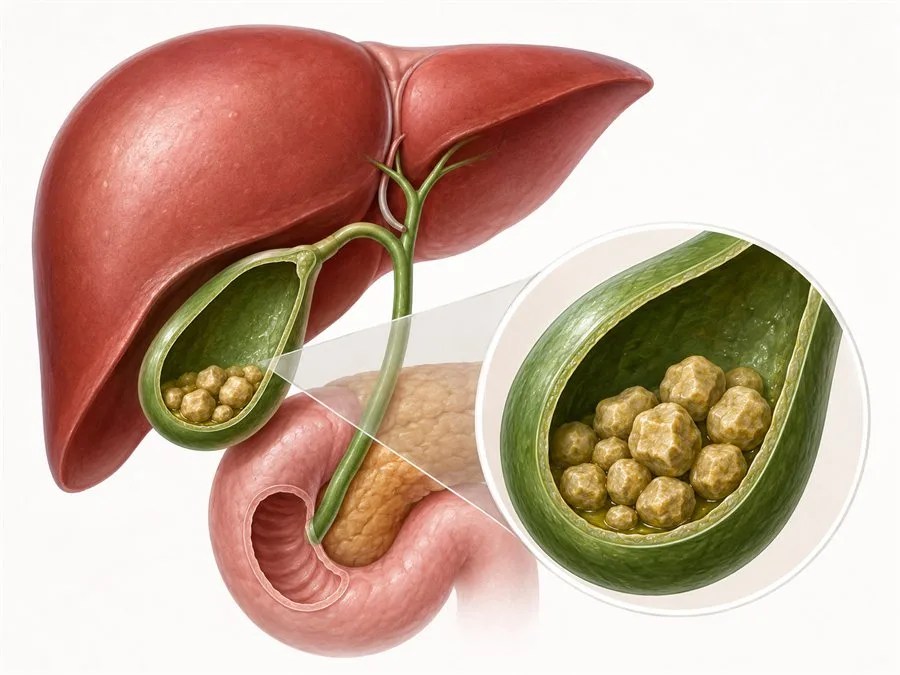 Medical illustration of the liver and gallbladder containing gallstones