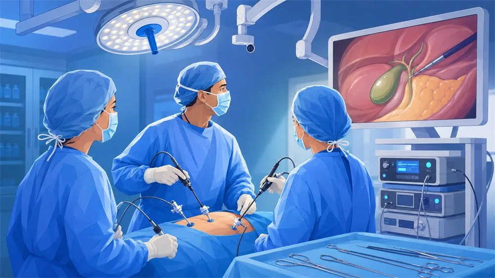 Illustration of a laparoscopic cholecystectomy: surgical team using keyhole instruments with the gallbladder shown on a monitor